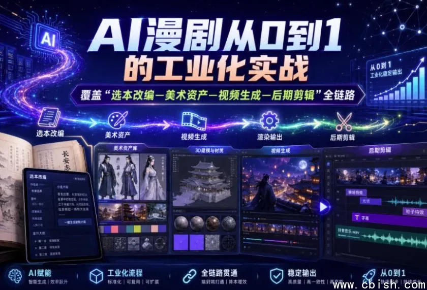AI漫剧从0到1工业化实战课程:选本改编、美术资产、视频生成、后期剪辑全链路系统教学