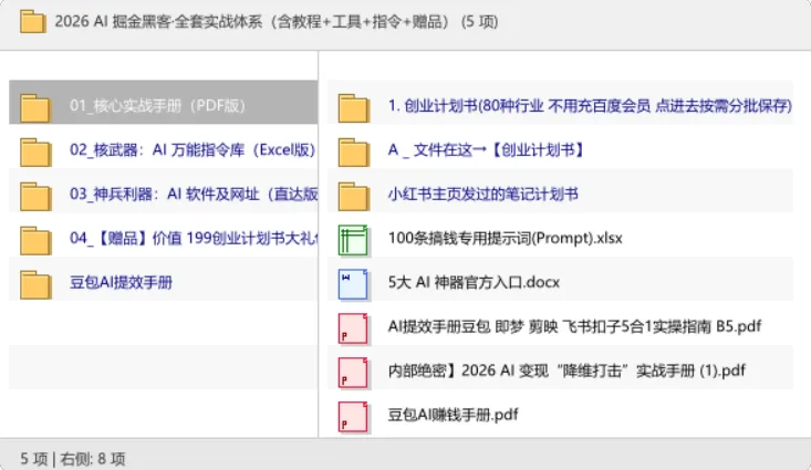 2026 AI掘金黑客实战体系:变现手册+万能指令库+AI工具入口+创业计划书大礼包