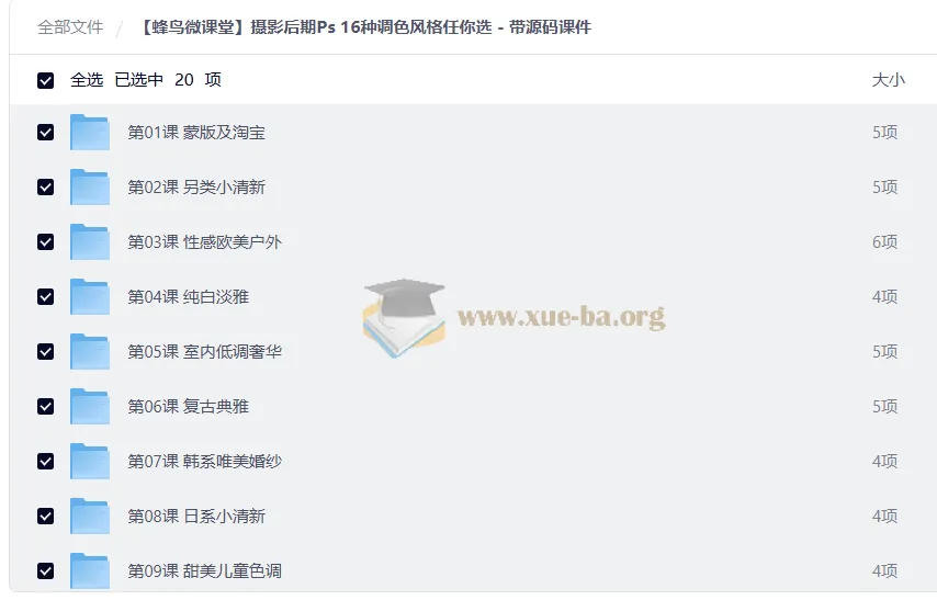 蜂鸟微课堂摄影后期Ps教程 16种调色风格实战 含源码课件
