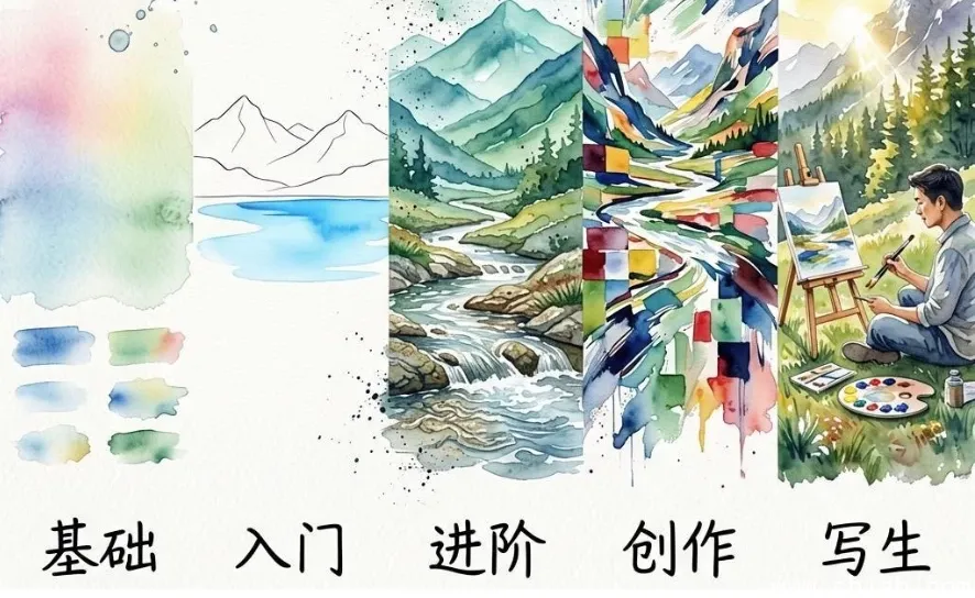水彩风景五合一系统教程 基础入门进阶创作写生全套合集